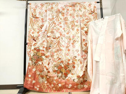 平和屋着物●豪華振袖・長襦袢セット　駒刺繍　鳳凰籬牡丹花車文　暈し染め　金彩　正絹　逸品　CABI3400yc