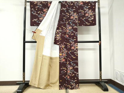 平和屋着物●上質な小紋　あかね紅型　友禅師：昇　引染師：保雄　流水松竹梅菊花文　反端付き　正絹　逸品　CABI3417yc