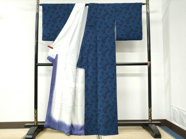 平和屋着物○上質な小紋 藍 型染め 菊尽くし 鬼しぼ縮緬 正絹
