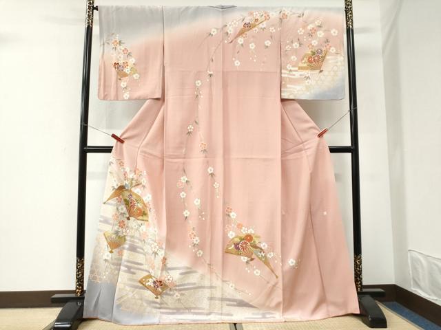 平和屋着物●訪問着　作家物　エ霞扇面網目草花文　暈し染め　金彩　ロング丈　正絹　逸品　CABI3442yc
