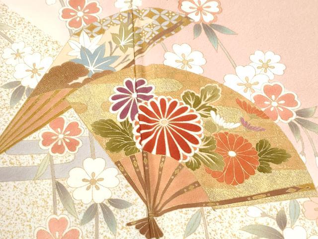 平和屋着物●訪問着　作家物　エ霞扇面網目草花文　暈し染め　金彩　ロング丈　正絹　逸品　CABI3442yc
