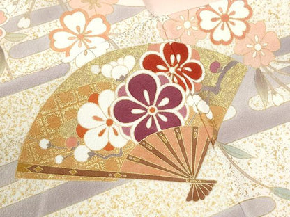 平和屋着物●訪問着　作家物　エ霞扇面網目草花文　暈し染め　金彩　ロング丈　正絹　逸品　CABI3442yc