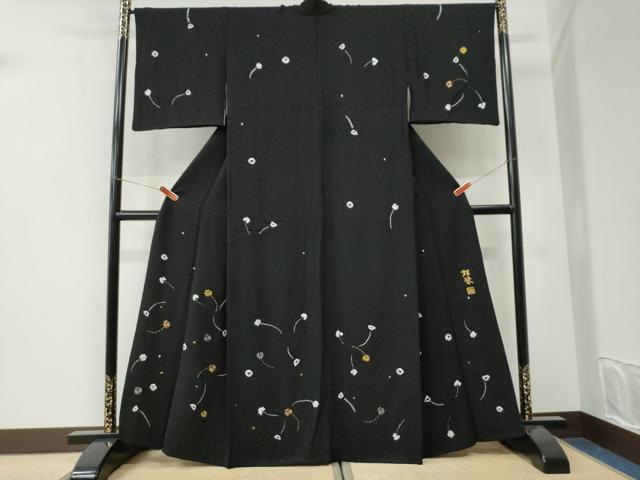平和屋着物●訪問着　作家物　絞り　クローバー　黒地　金糸　正絹　逸品　CABI3445yc