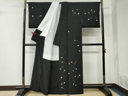 平和屋着物●訪問着　作家物　絞り　クローバー　黒地　金糸　正絹　逸品　CABI3445yc