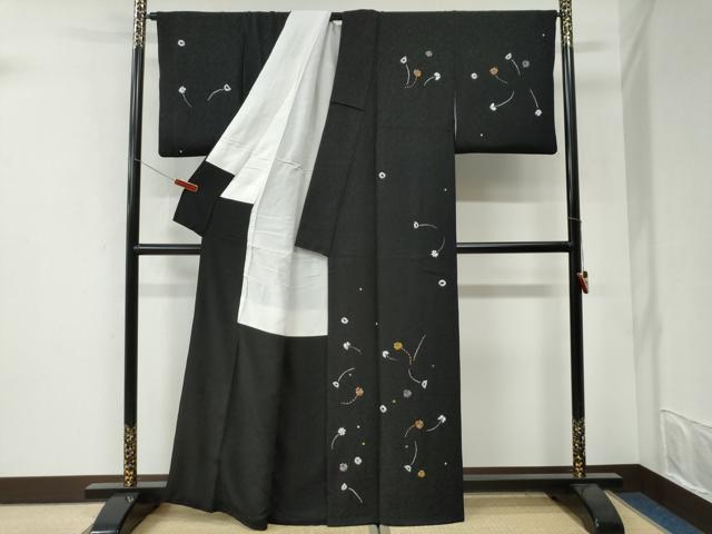 平和屋着物●訪問着　作家物　絞り　クローバー　黒地　金糸　正絹　逸品　CABI3445yc