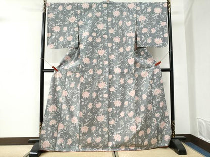 平和屋着物●上質な紬　更紗花唐草文　正絹　逸品　CABI3454yc