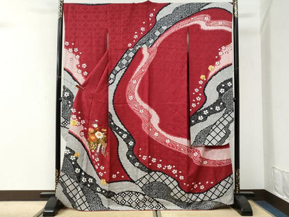 平和屋着物●豪華振袖　駒刺繍　道長吉祥花車文　京都きもの友禅扱い　正絹　逸品　CABI3481yc