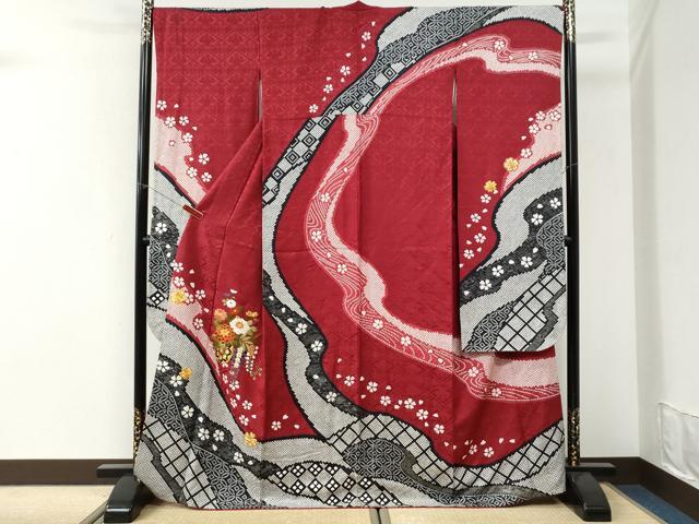 平和屋着物●豪華振袖　駒刺繍　道長吉祥花車文　京都きもの友禅扱い　正絹　逸品　CABI3481yc