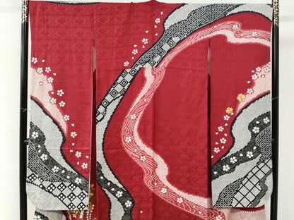平和屋着物●豪華振袖　駒刺繍　道長吉祥花車文　京都きもの友禅扱い　正絹　逸品　CABI3481yc
