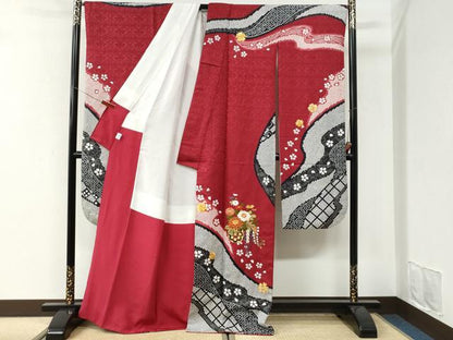 平和屋着物●豪華振袖　駒刺繍　道長吉祥花車文　京都きもの友禅扱い　正絹　逸品　CABI3481yc