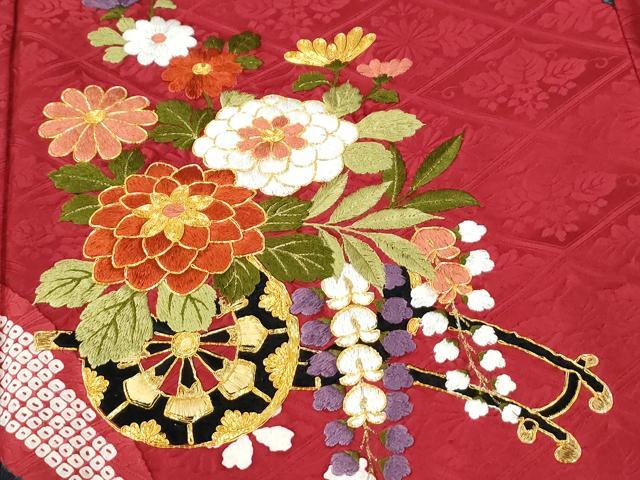 平和屋着物●豪華振袖　駒刺繍　道長吉祥花車文　京都きもの友禅扱い　正絹　逸品　CABI3481yc
