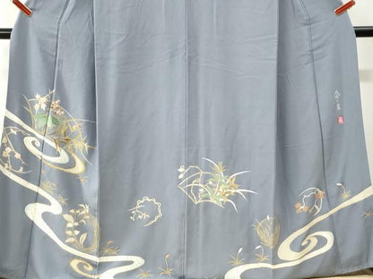 平和屋着物●洛楽人工房　玉蟲染　訪問着　流水草花文　金彩　正絹　逸品　CABI3484yc
