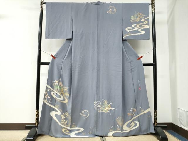 平和屋着物●洛楽人工房　玉蟲染　訪問着　流水草花文　金彩　正絹　逸品　CABI3484yc