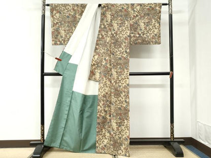 平和屋着物●上質な小紋　紬地　型染め　草花文　正絹　逸品　CABI3490yc