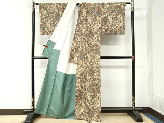 平和屋着物●上質な小紋　紬地　型染め　草花文　正絹　逸品　CABI3490yc
