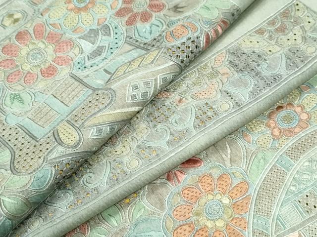 平和屋着物●中国三大刺繍　スワトウ刺繍　総刺繍　小紋　短冊御所車花文　正絹　逸品　CABI3493yc