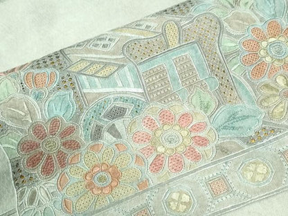平和屋着物●中国三大刺繍　スワトウ刺繍　総刺繍　小紋　短冊御所車花文　正絹　逸品　CABI3493yc