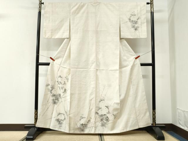 平和屋着物●訪問着　紬地　手描き　竹垣菊文　正絹　逸品　CABI3500yc