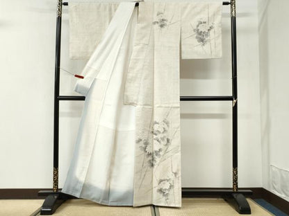 平和屋着物●訪問着　紬地　手描き　竹垣菊文　正絹　逸品　CABI3500yc