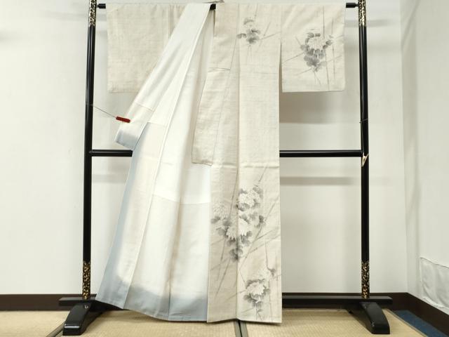 平和屋着物●訪問着　紬地　手描き　竹垣菊文　正絹　逸品　CABI3500yc