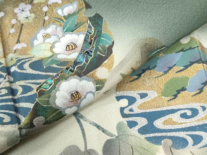 平和屋着物●螺鈿作家　藤本隆士　訪問着　螺鈿物語　雪輪流水蔦の葉花文　暈し染め　金銀彩　正絹　逸品　CABI3501yc