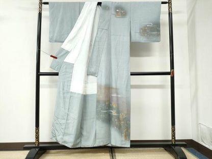 平和屋着物●訪問着　霞草花文　暈し染め　金彩　正絹　逸品　CABI3515yc