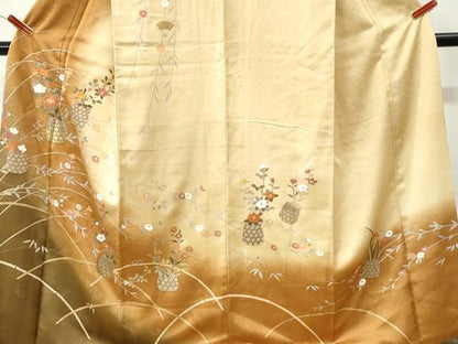 平和屋着物●訪問着　駒刺繍　花籠文　暈し染め　金彩　正絹　逸品　CABI3523yc