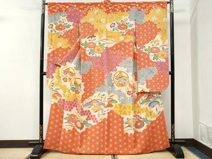 平和屋着物●豪華振袖　紅型　吉祥花蝶文　鬼しぼ縮緬　正絹　逸品　CABI3530yc