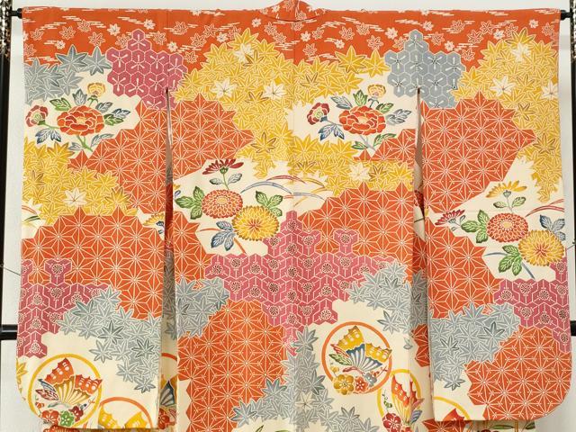 平和屋着物●豪華振袖　紅型　吉祥花蝶文　鬼しぼ縮緬　正絹　逸品　CABI3530yc