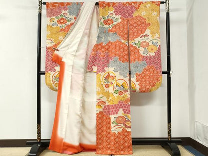 平和屋着物●豪華振袖　紅型　吉祥花蝶文　鬼しぼ縮緬　正絹　逸品　CABI3530yc