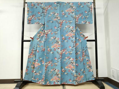 平和屋着物●上質な小紋　紅型　冊子草花文　鬼しぼ縮緬　正絹　逸品　CABI3540yc