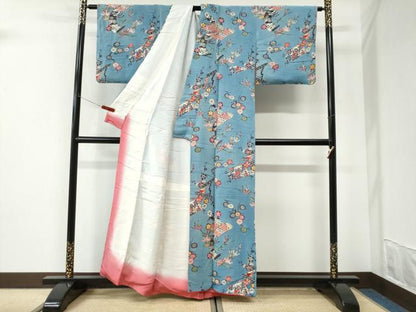 平和屋着物●上質な小紋　紅型　冊子草花文　鬼しぼ縮緬　正絹　逸品　CABI3540yc