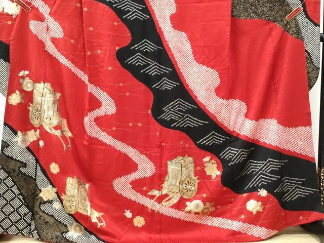平和屋着物●豪華振袖　絞り　御所車舞花文　金彩　正絹　逸品　CABI3549yc