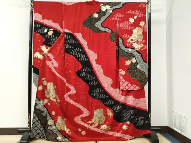 平和屋着物●豪華振袖　絞り　御所車舞花文　金彩　正絹　逸品　CABI3549yc