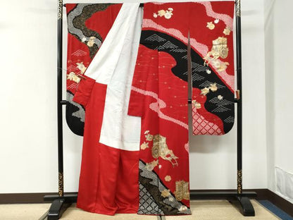 平和屋着物●豪華振袖　絞り　御所車舞花文　金彩　正絹　逸品　CABI3549yc