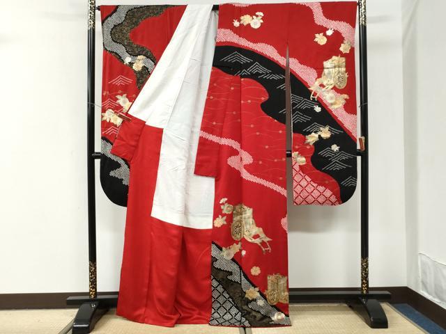 平和屋着物●豪華振袖　絞り　御所車舞花文　金彩　正絹　逸品　CABI3549yc