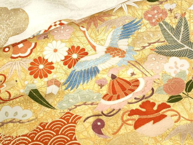 平和屋着物●豪華振袖　駒刺繍　雲取り飛鶴宝尽くし吉祥花文　金彩　正絹　逸品　CABI3552yc