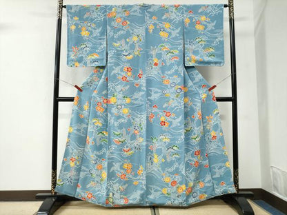 平和屋着物●上質な小紋　型染め　飛鳥花松文　鬼しぼ縮緬　正絹　逸品　未使用　CABI3560yc