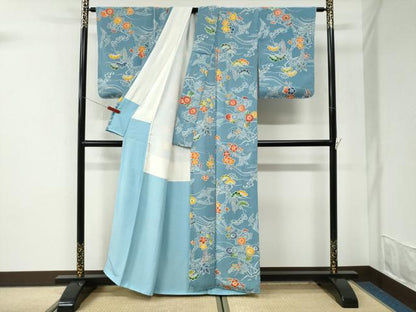 平和屋着物●上質な小紋　型染め　飛鳥花松文　鬼しぼ縮緬　正絹　逸品　未使用　CABI3560yc