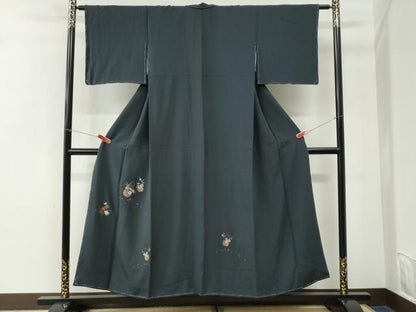 平和屋着物●訪問着　総刺繍　花籠文　紺地　正絹　逸品　未使用　CABI3580yc