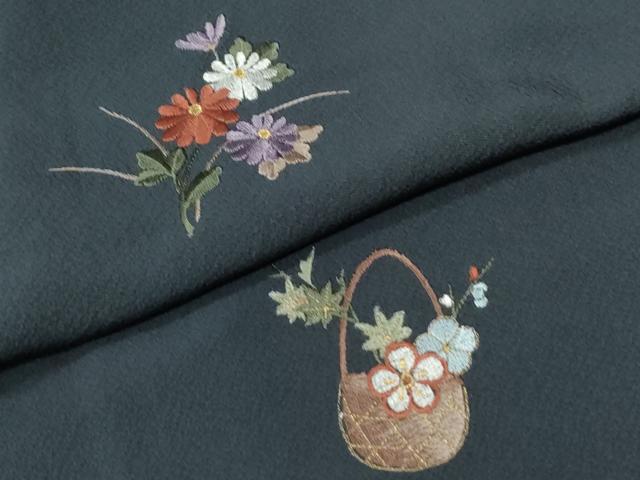 平和屋着物●訪問着　総刺繍　花籠文　紺地　正絹　逸品　未使用　CABI3580yc