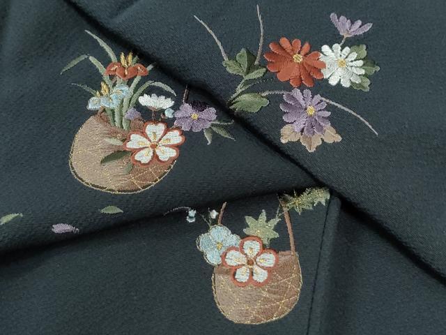 平和屋着物●訪問着　総刺繍　花籠文　紺地　正絹　逸品　未使用　CABI3580yc