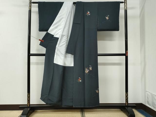 平和屋着物●訪問着　総刺繍　花籠文　紺地　正絹　逸品　未使用　CABI3580yc