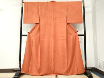 平和屋着物●上質な色無地　霞地紋　柿色　正絹　逸品　CABI3591yc