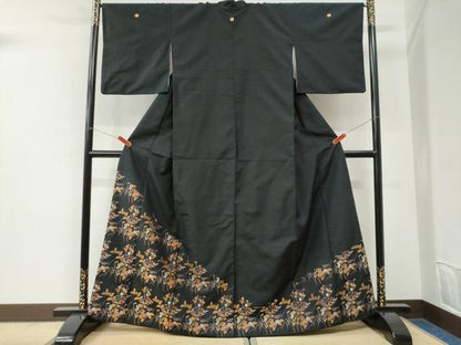 平和屋着物●豪華黒留袖　紬地　草花文　正絹　逸品　CABI3592yc