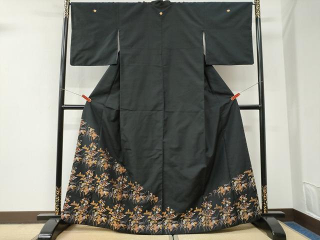 平和屋着物●豪華黒留袖　紬地　草花文　正絹　逸品　CABI3592yc