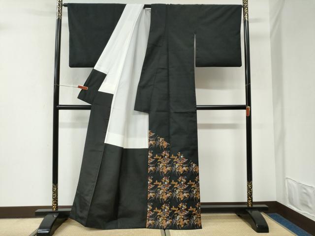 平和屋着物●豪華黒留袖　紬地　草花文　正絹　逸品　CABI3592yc