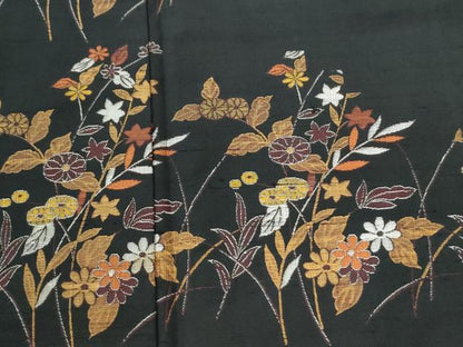 平和屋着物●豪華黒留袖　紬地　草花文　正絹　逸品　CABI3592yc