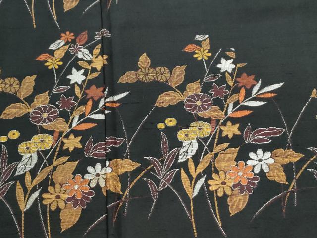 平和屋着物●豪華黒留袖　紬地　草花文　正絹　逸品　CABI3592yc