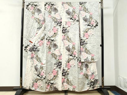 平和屋着物●豪華振袖　源氏車牡丹花文　黒地　金彩　正絹　逸品　CABI3594yc